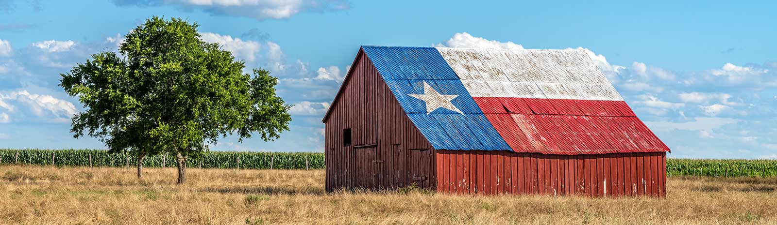 Red, white and blue roofed bar in a field.